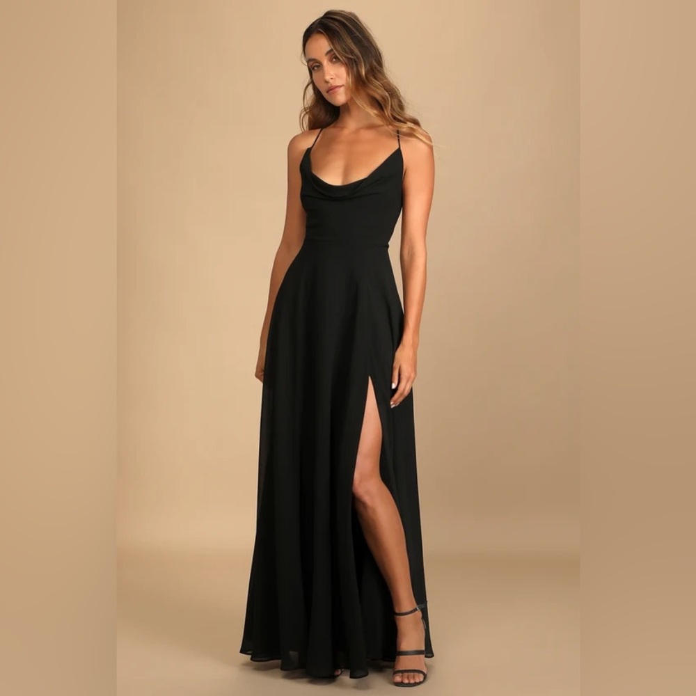 Lulus Romantically Speaking Black Cowl Lace-Up Maxi Dress